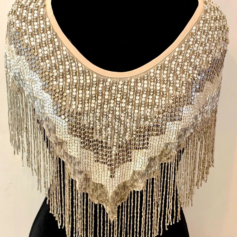 HAUTE HIPPIE Beaded Shawl $595 New Sequin Evening Cape 1920s Gatsby Ivory Bridal - Picture 7 of 16
